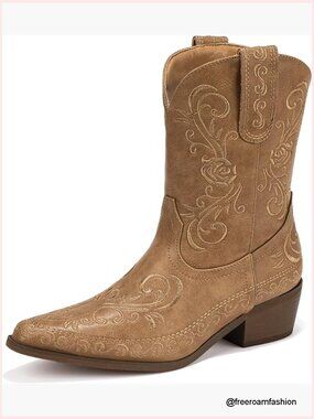 Ladies Tan Embroidered Western Ankle Bootie